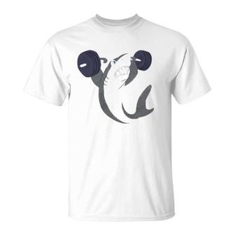 Weightlifing Shark Barbell Funny Workout Gym Weightlifter T-Shirt | Mazezy