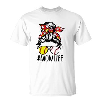 Womens Dy Mom Life Softball Baseball Mothers Day Messy Bun T-Shirt - Seseable