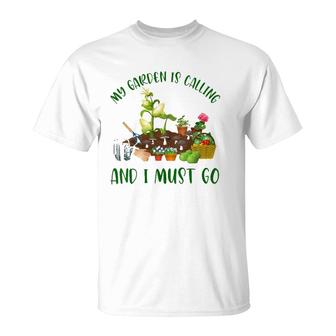 Womens My Garden Is Calling And I Must Go Funny Gardener Gardening V-Neck T-Shirt | Mazezy