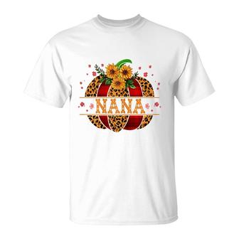 Womens Nana Pumpkin Leopard Print Sunflower Grandma For Halloween T-Shirt - Seseable