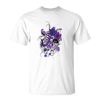 Womens Purple Floral Black Sugar Skull Day Of The Dead V-Neck T-Shirt | Mazezy DE