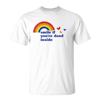 Womens Smile If Youre Dead Inside Rainbow Vintage Dark Humor V-Neck T-Shirt | Mazezy
