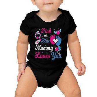 Womens Pink Or Blue Mommy Loves You Baby Gender Reveal Party Shower V-Neck Baby Onesie - Seseable