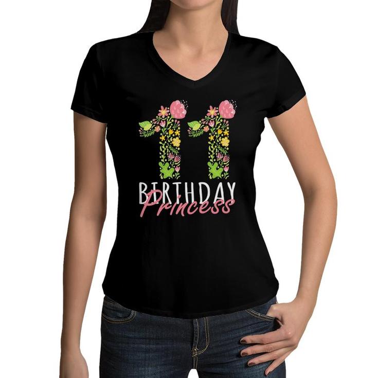 11Th Birthday Princess 11 Years Old Girl Floral B-Day Theme Women V-Neck T-Shirt