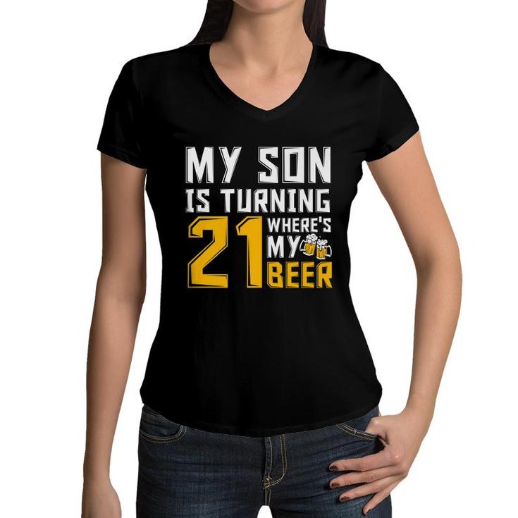 21St Birthday 21 Year Old Son Dad Mom Family Birthday   Women V-Neck T-Shirt