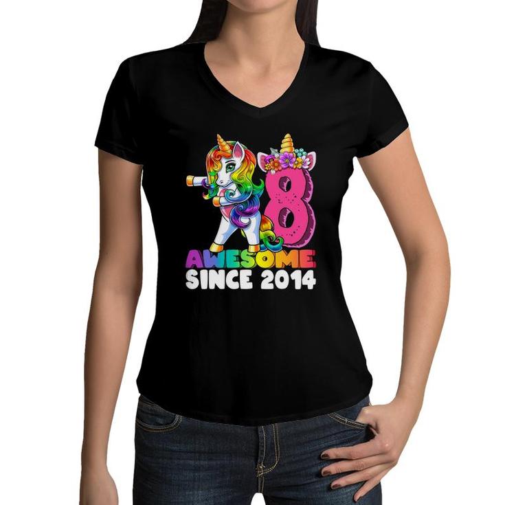 8 Awesome Since 2014 Flossing Unicorn 8Th Birthday Girls Women V-Neck T-Shirt