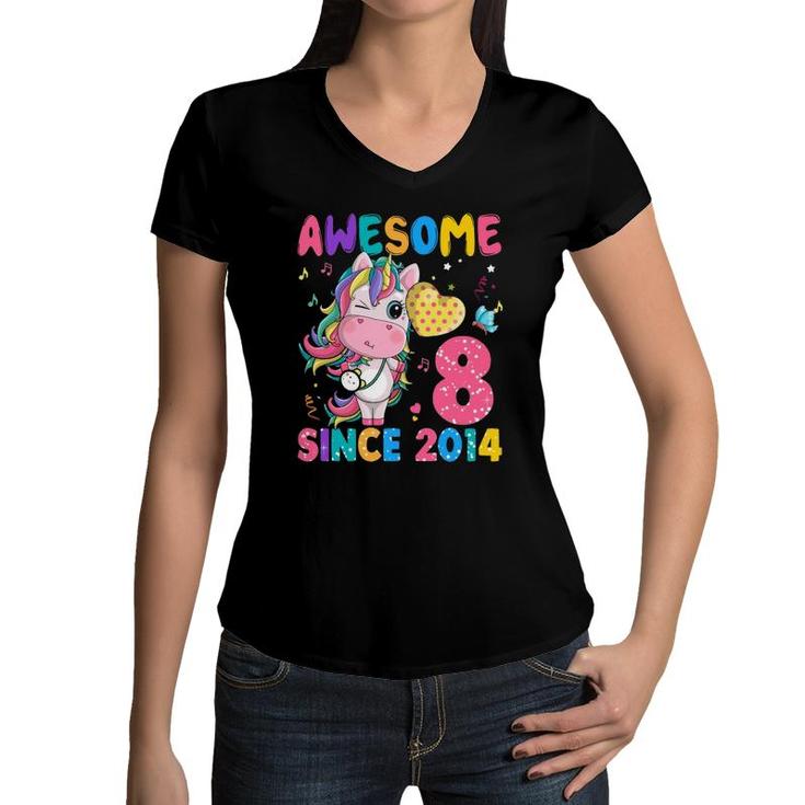 8 Years Old 8Th Birthday Unicorn Girl Awesome Since 2014 Kid Women V-Neck T-Shirt