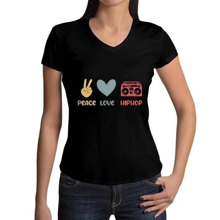 80S 90S Styles Peace Love Hip Hop Funny Idea Music Gift Women V-Neck T-Shirt