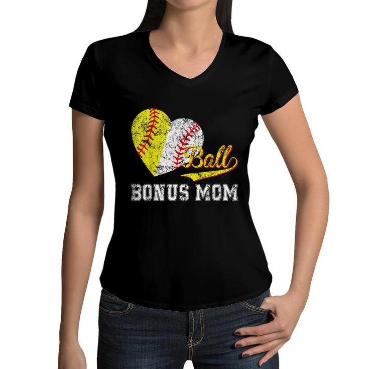 Baseball Softball Ball Heart Bonus Mom Mothers Day  Women V-Neck T-Shirt