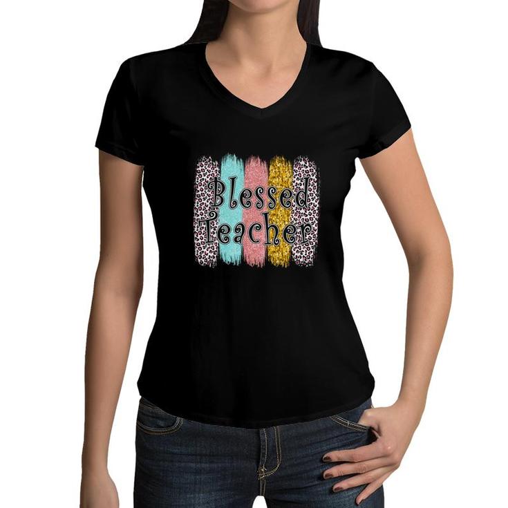 Blessed Teacher Leopard Decoration Great Women V-Neck T-Shirt