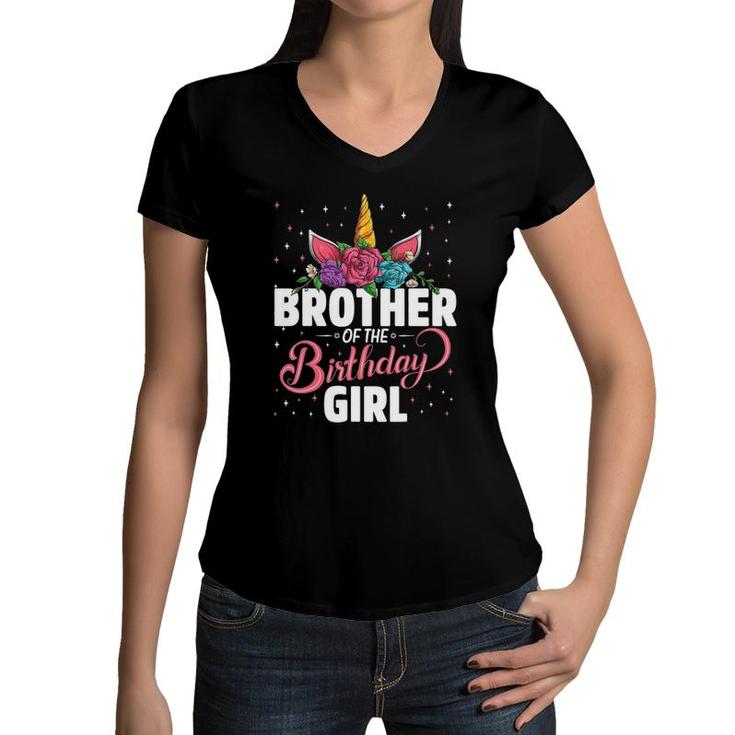 Brother Of The Birthday Girl Unicorn Girls Family Matching Women V-Neck T-Shirt