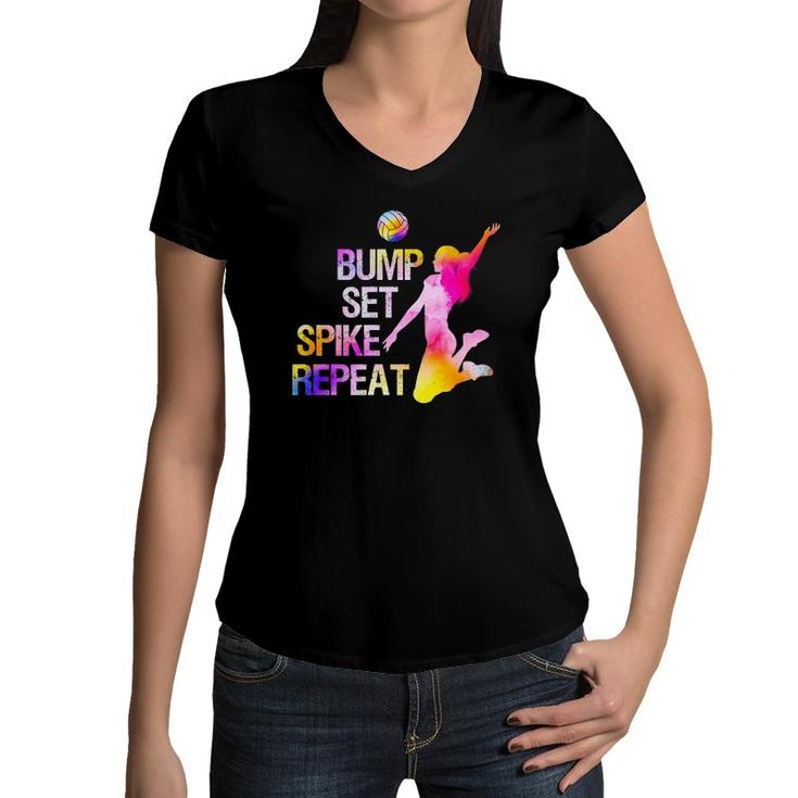 Bump Set Spike Repeat Teen Girls Women Volleyball Women V-Neck T-Shirt