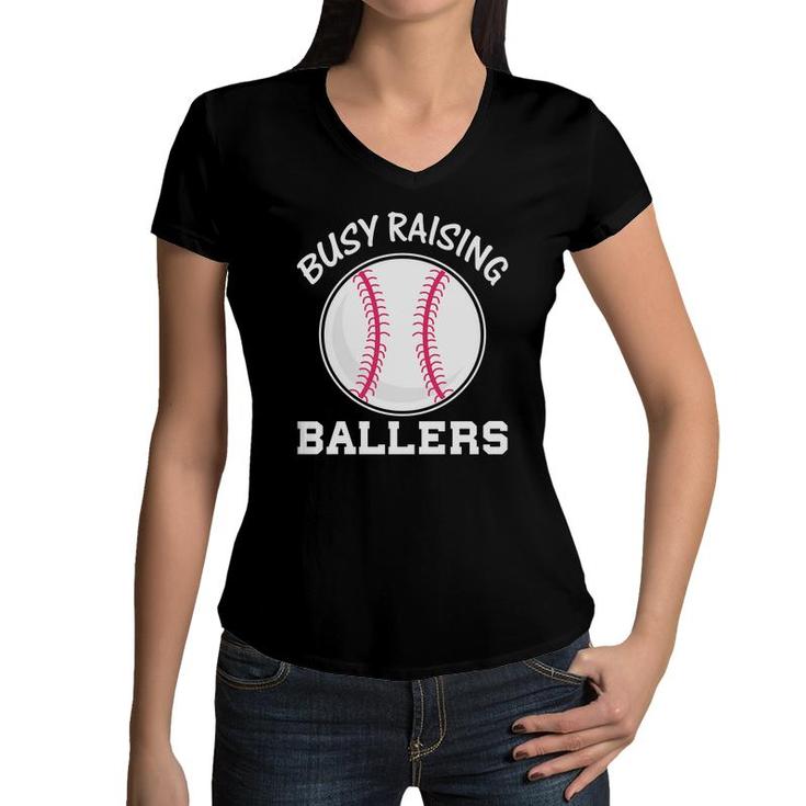 Busy Raising Ballers Softball Baseball Sport Women V-Neck T-Shirt
