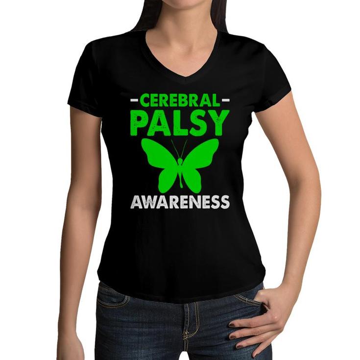 Cerebral Palsy Awareness Palsy Related Green Ribbon Butterfly Women V-Neck T-Shirt
