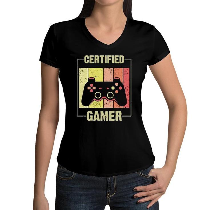 Certified Gamer Retro Funny Video Games Gaming Boys Girls  Women V-Neck T-Shirt