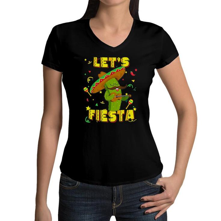 Cinco De Mayo  Lets Fiesta Cactus Sombrero Hat Women V-Neck T-Shirt