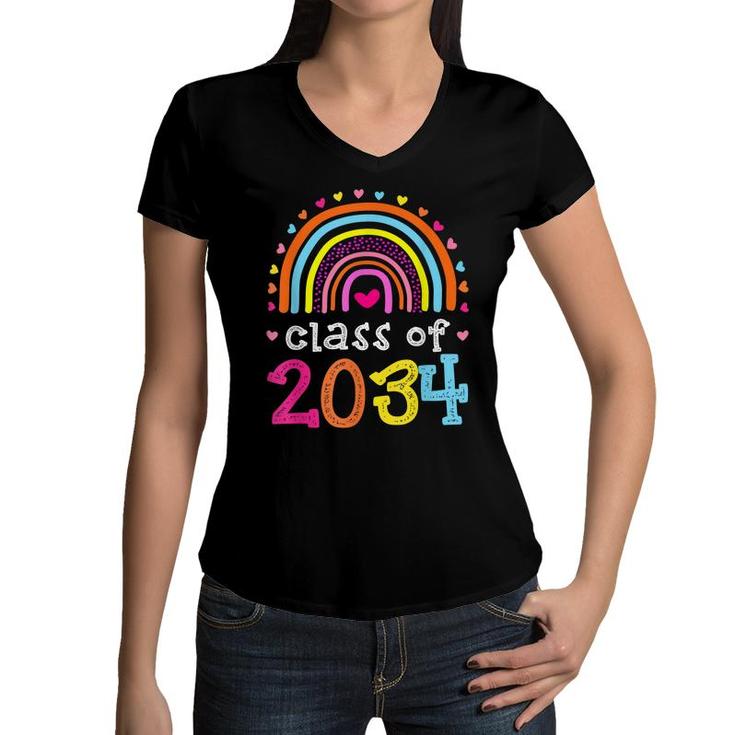 Class Of 2034 Rainbow Pink Graduate Preschool Kindergarten  Women V-Neck T-Shirt