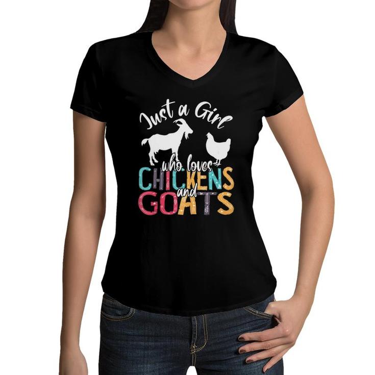 Cute Just A Girl Who Loves Chickens Goats Farmer Girls Gift  Women V-Neck T-Shirt
