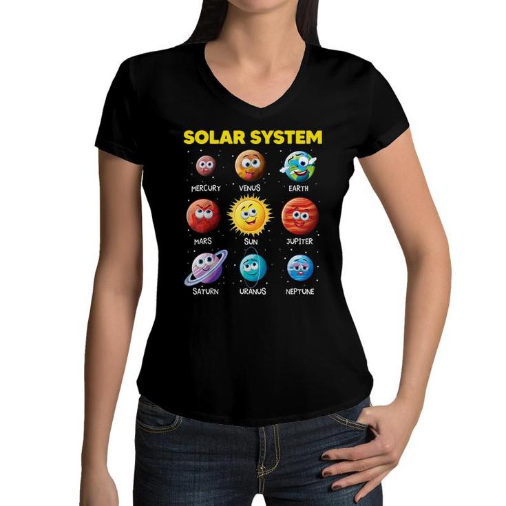 Cute Solar System Funny Planet Faces Space Science Boy Girl  Women V-Neck T-Shirt