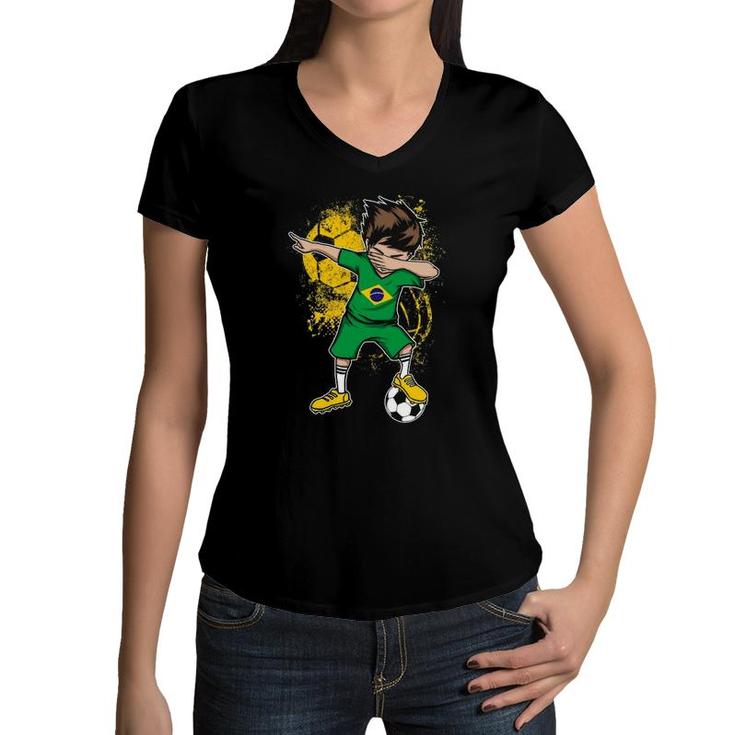 Dabbing Boy Brazil Soccer  Jersey Brasil Football Tee Women V-Neck T-Shirt