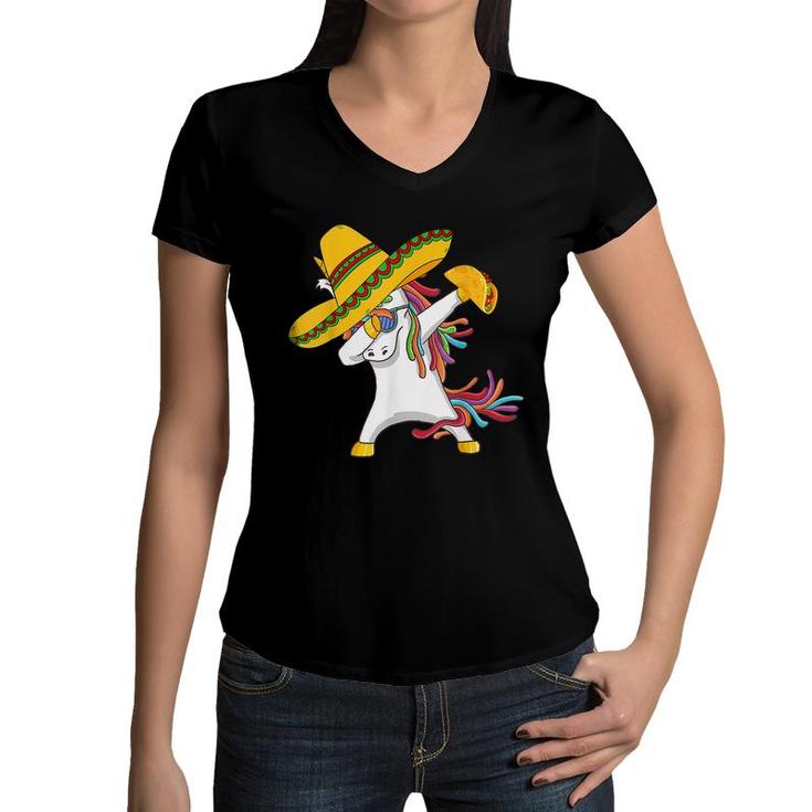 Dabbing Unicorn 5 Cinco De Mayo 2022 Kid Girl Women Mexican  Women V-Neck T-Shirt