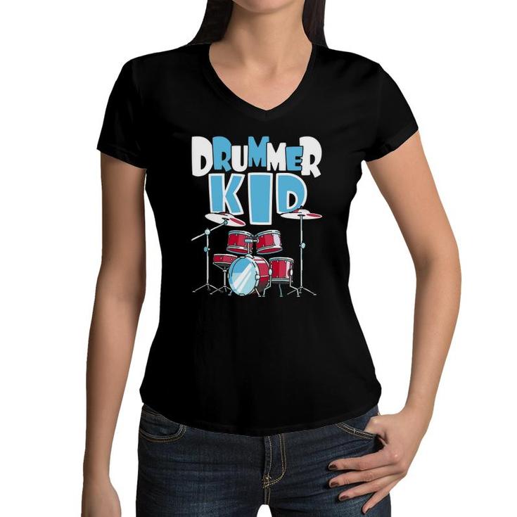 Drummer Kid Funny Percussionist Drums Musician Women V-Neck T-Shirt