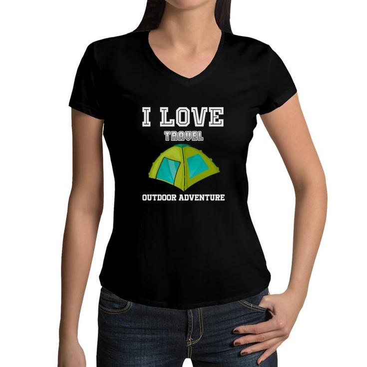 Explore Lover Says I Love Travel Outdoor Adventure Women V-Neck T-Shirt