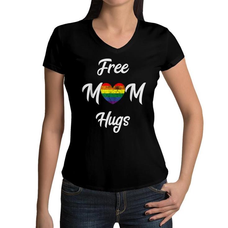 Free Mom Hugs Gay Pride Mother Lgbt Rainbow Heart Gender  Women V-Neck T-Shirt