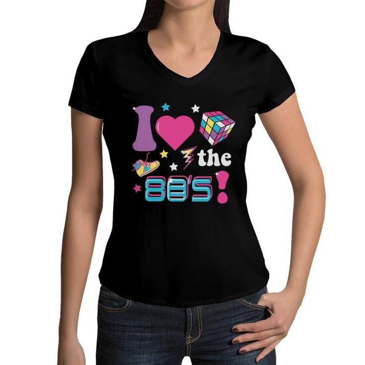 Funny I Love The 80S Retro Party Rubik Music 80S 90S Women V-Neck T-Shirt