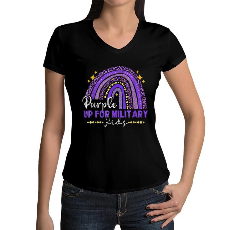 Funny Rainbow Purple Up For Military Kids Month Ribbon  Women V-Neck T-Shirt