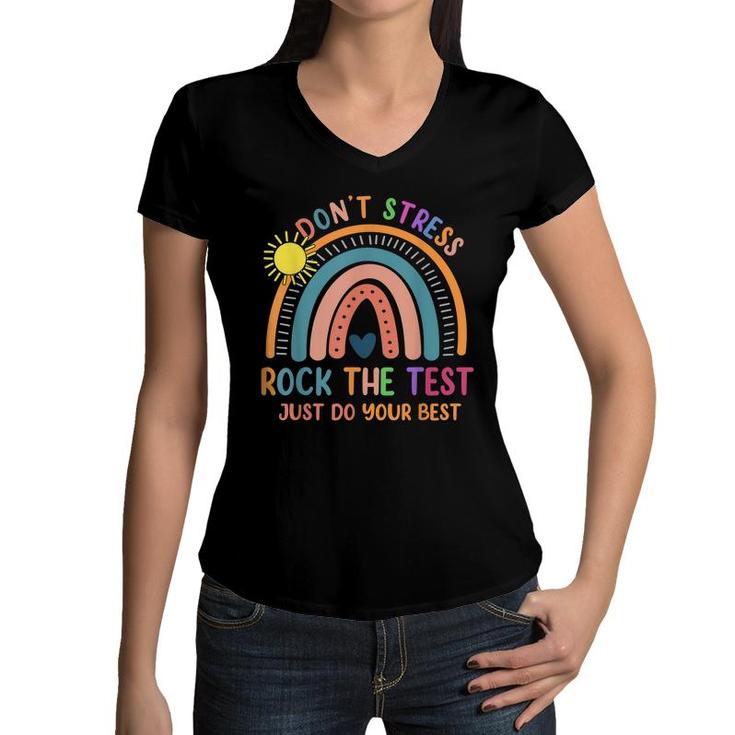 Funny Test Day Rock The Test Rainbow Gifts Teacher Student  Women V-Neck T-Shirt