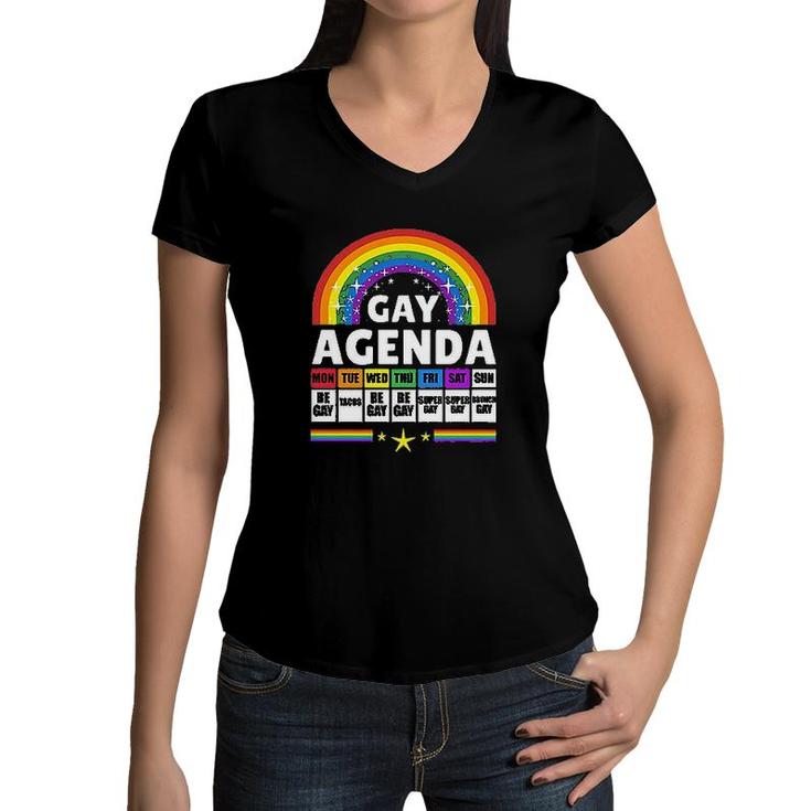 Gay Agenda Colorful Rainbow Gift LGBT Pride Month Women V-Neck T-Shirt