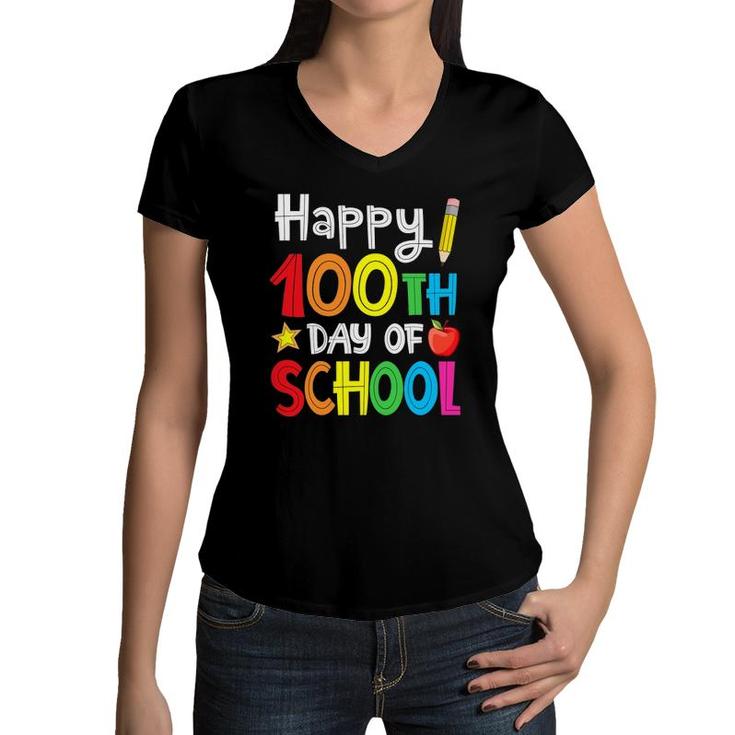Happy 100Th Day Of School Teacher Student Boys Girls Kids Women V-Neck T-Shirt