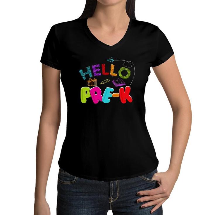 Hello Pre-K Back To School Teacher Student Funny Kids Gift Women V-Neck T-Shirt