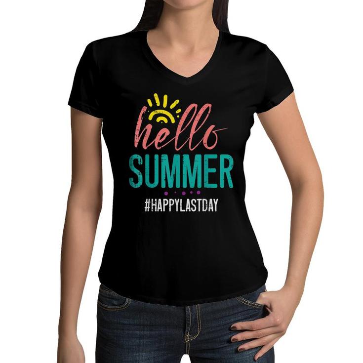 Hello Summer Happy Last Day Of School Teacher Boys Girl Kids  Women V-Neck T-Shirt