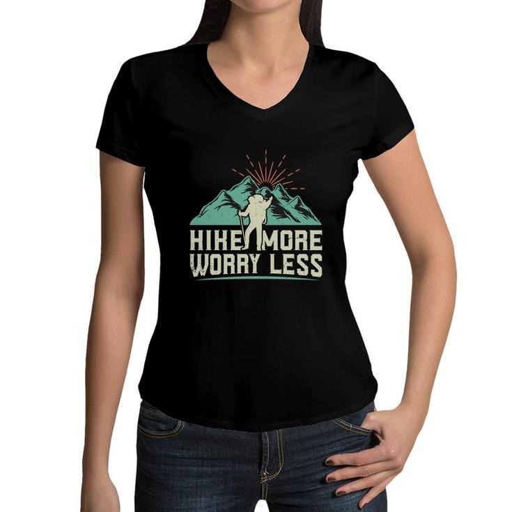 Hike More Worry Less Explore Travel Lover Mountain Women V-Neck T-Shirt