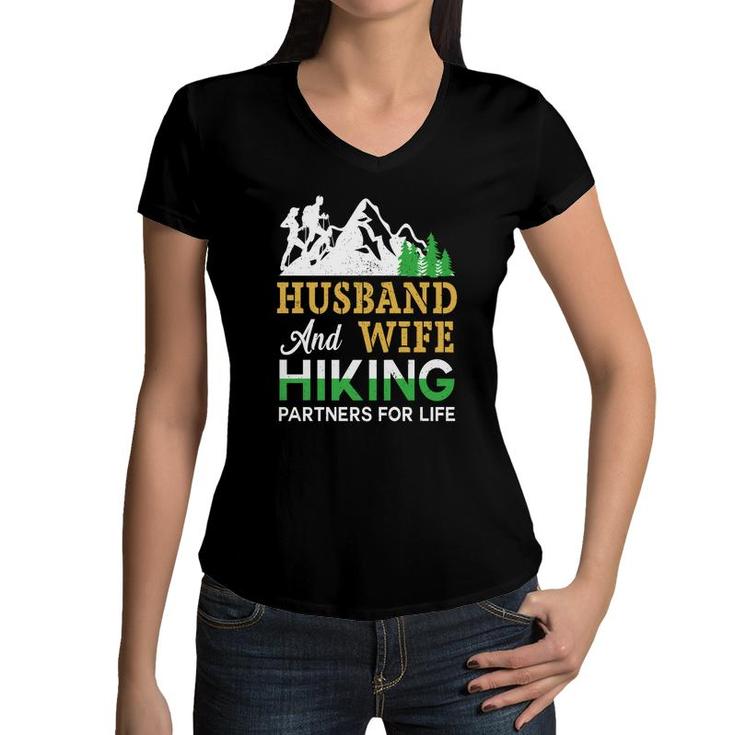 Husband Wife Hiking Partners For Life Explore Travel Lover Women V-Neck T-Shirt