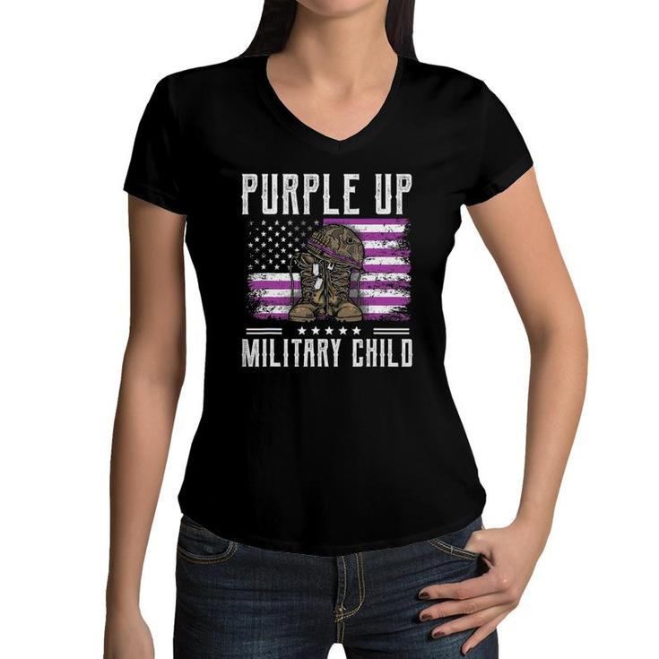 I Purple Up Month Of Military Child Kids Boots Us Flag Women V-Neck T-Shirt