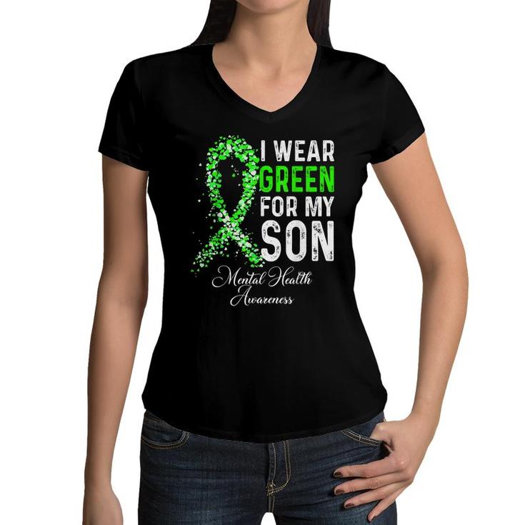 I Wear Green For My Son Mental Health Awareness Month  Women V-Neck T-Shirt