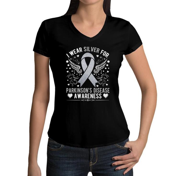 I Wear Silver For Parkinsons Disease Awareness Ribbon Women V-Neck T-Shirt