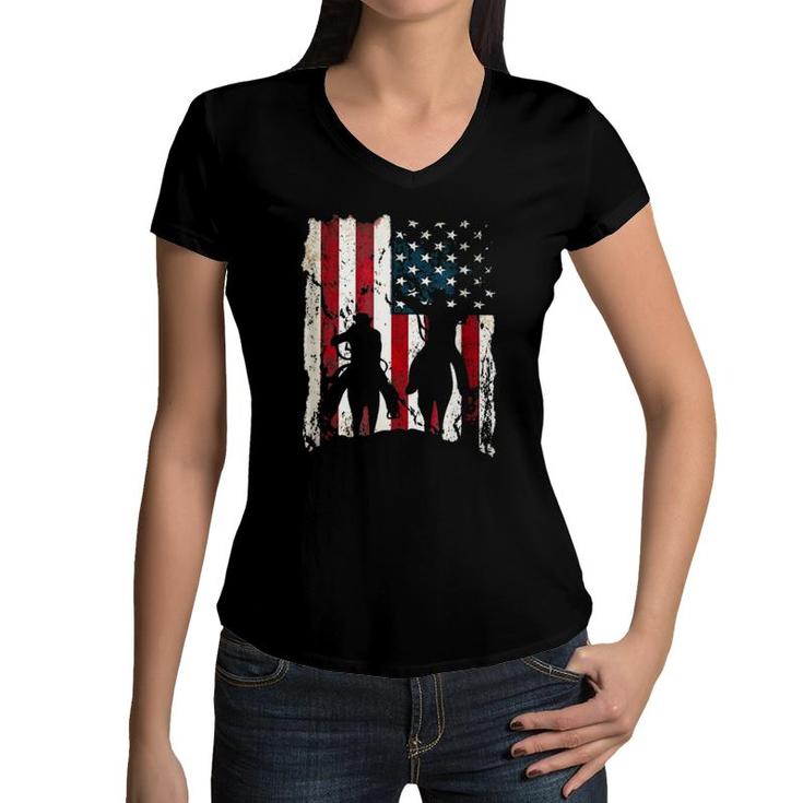 Independence Day Team Roping Cowboys July Of 4Th Us Flag Women V-Neck T-Shirt