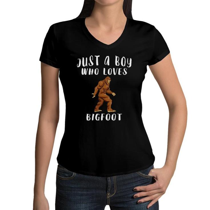 Just A Boy Who Loves Bigfoot Funny Sasquatch Women V-Neck T-Shirt