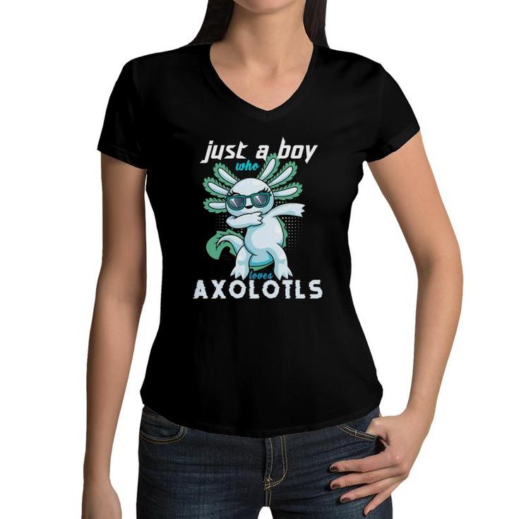 Kawaii Dabbing Just A Boy Who Loves Axolotls Kids & Boys Women V-Neck T-Shirt