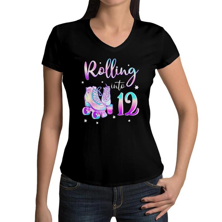Kids 12 Years Old Birthday Girl Rolling Into 12Th Bday Theme Women V-Neck T-Shirt
