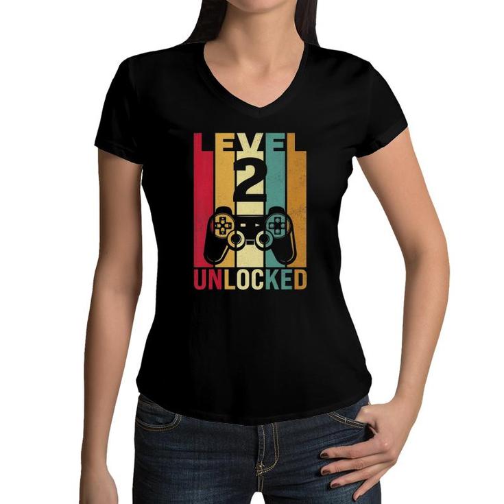 Kids 2Nd Birthday Boy Son Funny Gamer 2 Years Old Women V-Neck T-Shirt