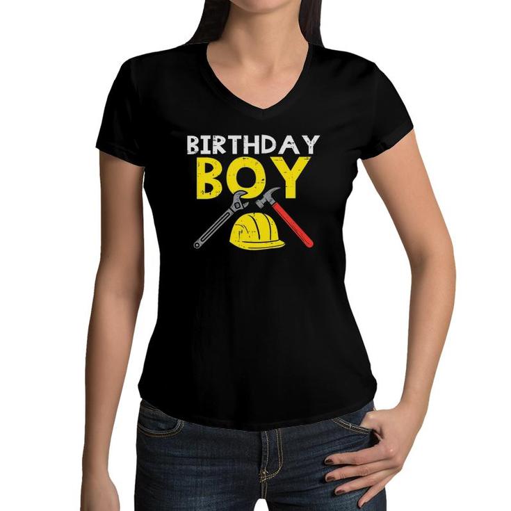 Kids Birthday Boy Construction Hard Hat Cute 3Rd Birthday Boys Women V-Neck T-Shirt