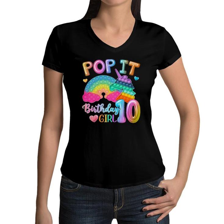 Kids Pop It Birthday Girl 10 For 10 Years Old Girl Unicorn Party Women V-Neck T-Shirt