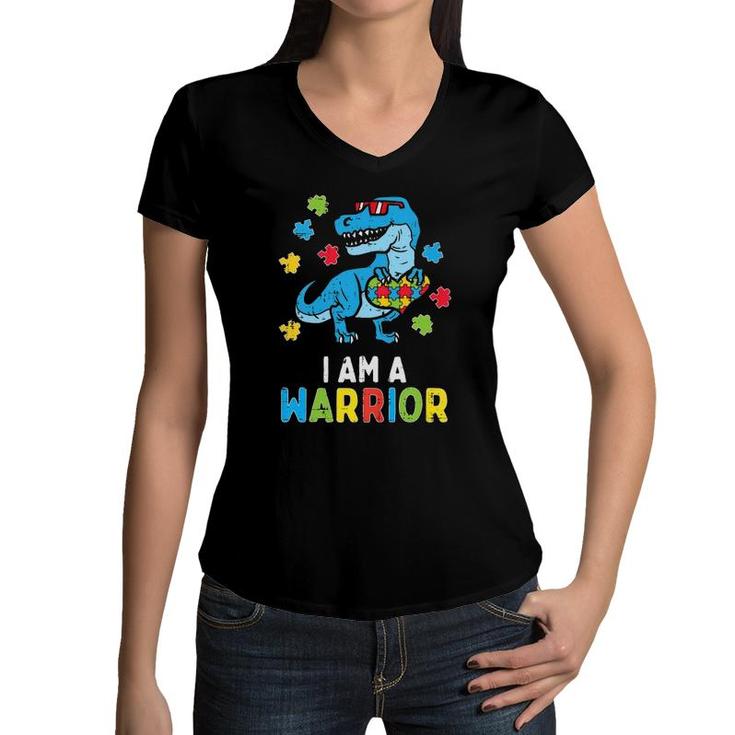 Kids Trex Dino I Am A Warrior Toddler Boys Autism Awareness Kids Women V-Neck T-Shirt