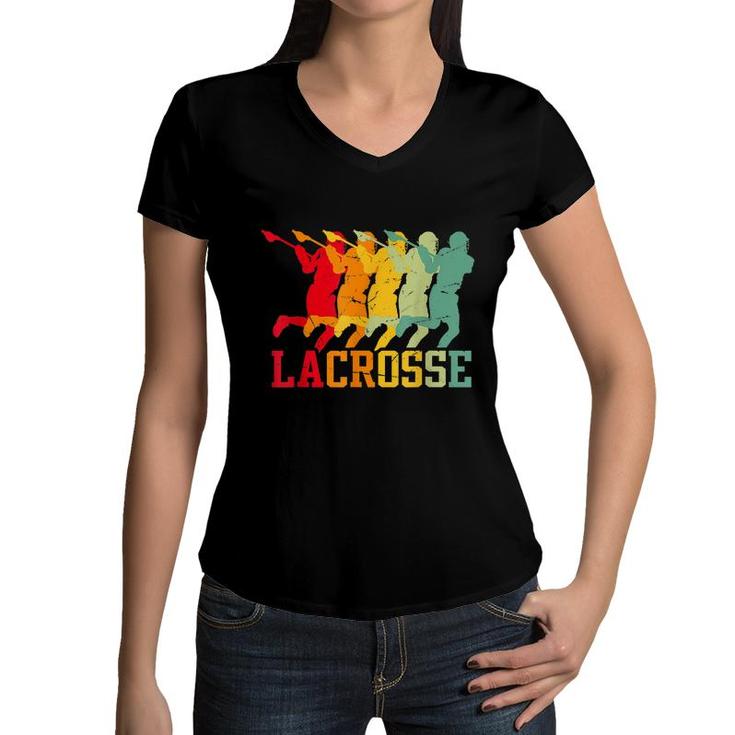 Lacrosse Vintage Retro Lacrosse Stick Sun Gift  Women V-Neck T-Shirt