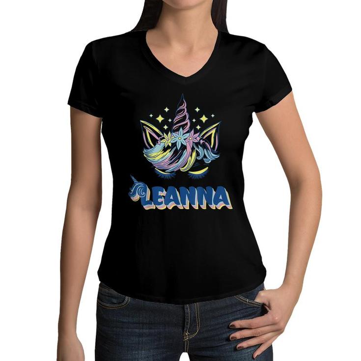 Leanna Personalized Custom Name Rainbow Unicorn Crown  Women V-Neck T-Shirt